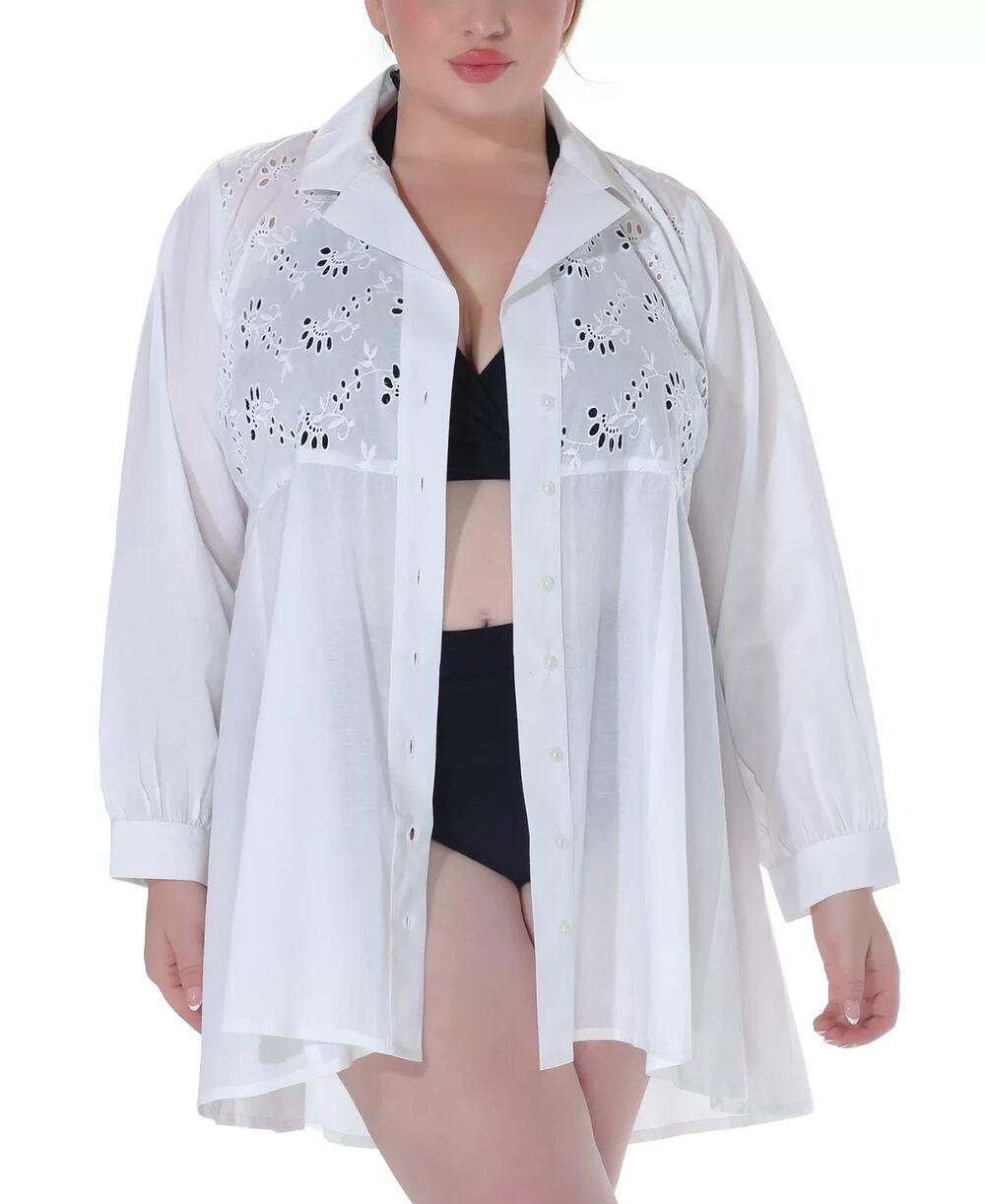 Raviya Plus Size Cotton Eyelet Button-Front Cover-Up Dress White Size 2X 1080